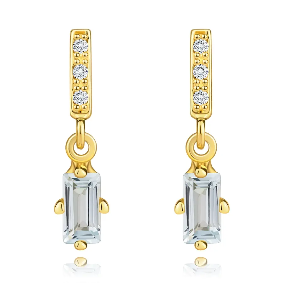 Náušnice zo žltého zlata 585 - pásik so zirkónmi, prírodný modrý topás