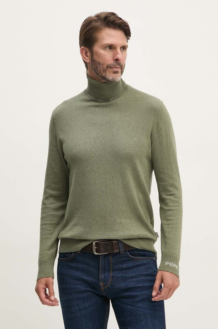 Sveter s prímesou vlny Pepe Jeans NEW ANDRE TURTLE NECK pánsky, zelená farba, tenký, s rolákom, PM702470