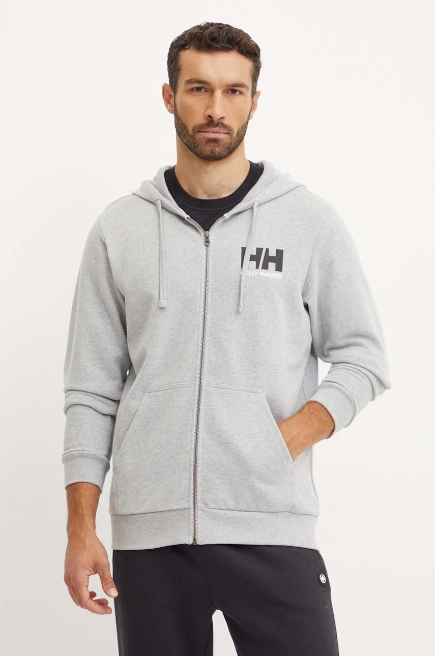 Bavlnená mikina Helly Hansen HH LOGO pánska, šedá farba, s kapucňou, s potlačou, 30393