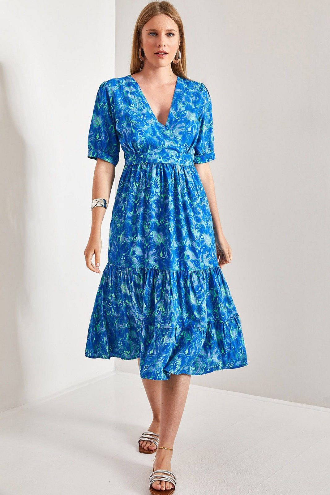 Bianco Lucci Women's Short Sleeve Double Breasted Collar Viscose Dress