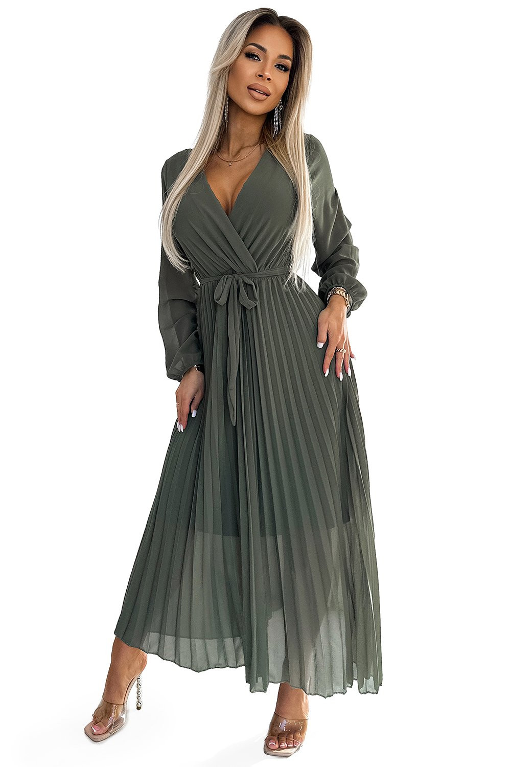 Numoco pleated chiffon dress with neckline, long sleeves and belt