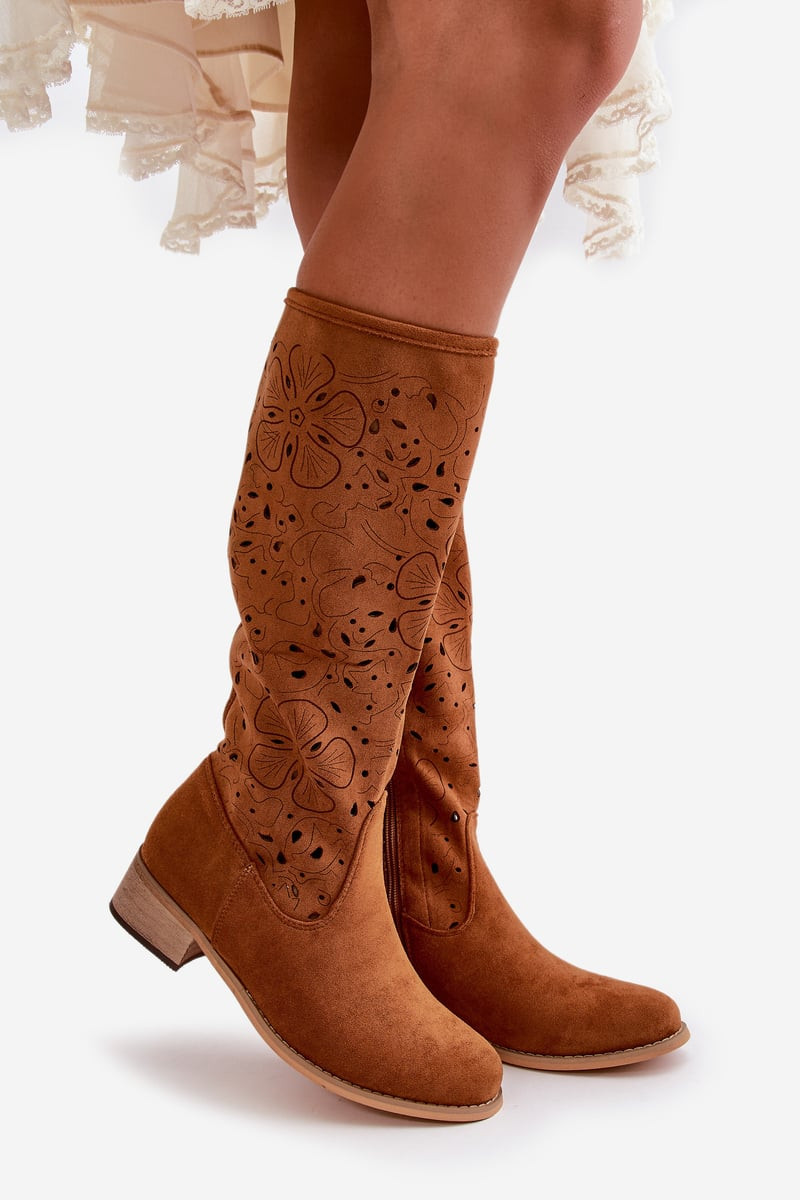 Openwork women's low-heeled boots eco suede zippered Camel Orchides