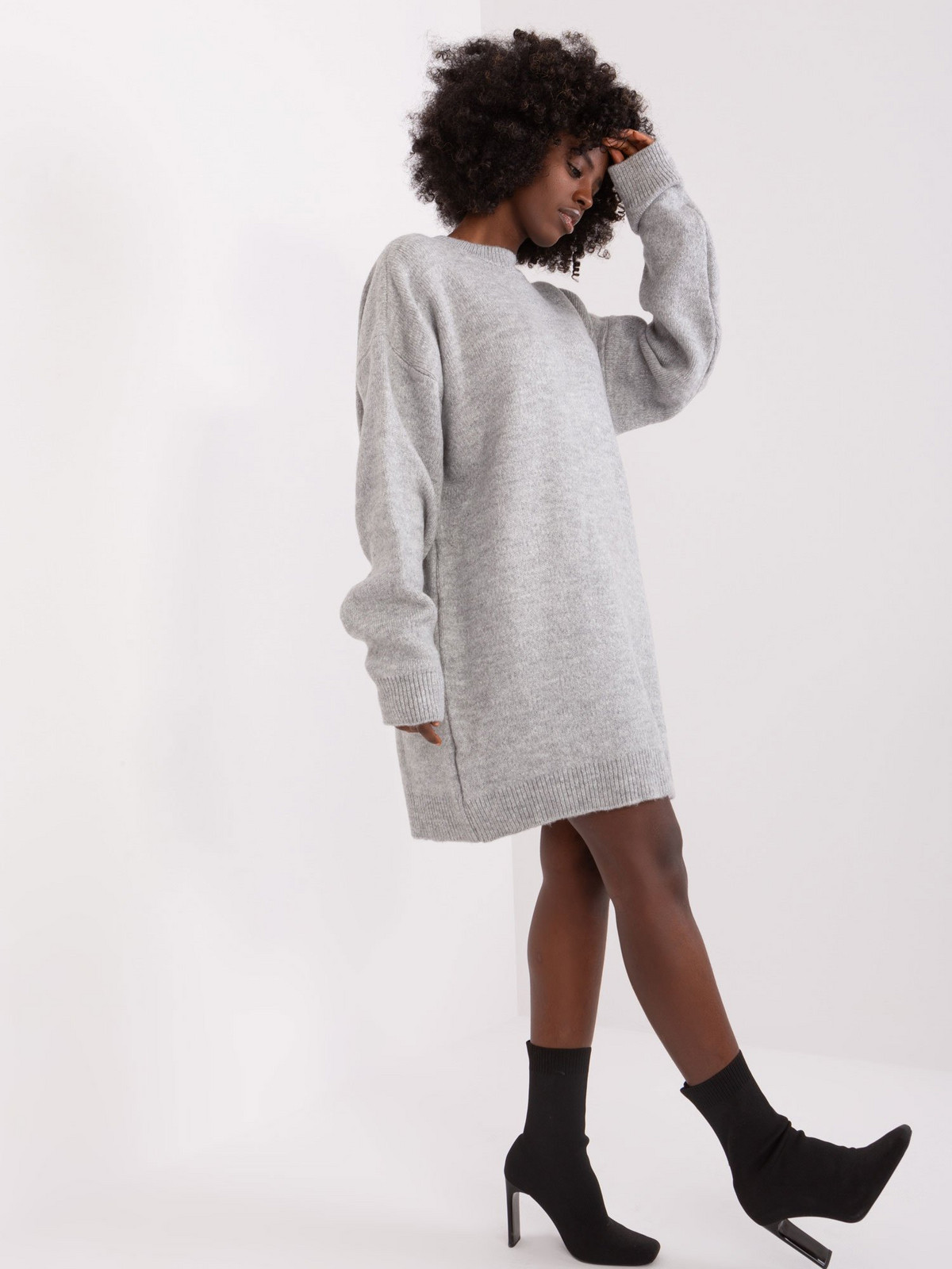 Grey women's dress with round neckline RUE PARIS