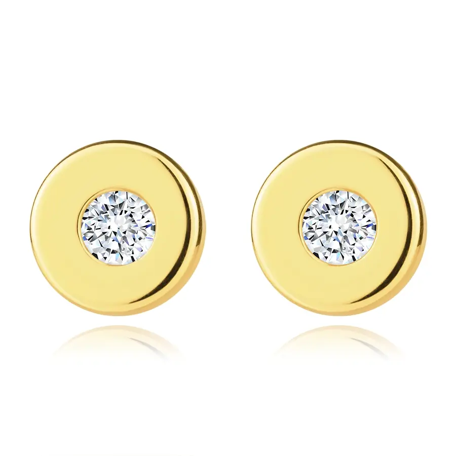 Zlaté 9K náušnice v žltom zlate - hladký kruh s čírym zirkónom uprostred