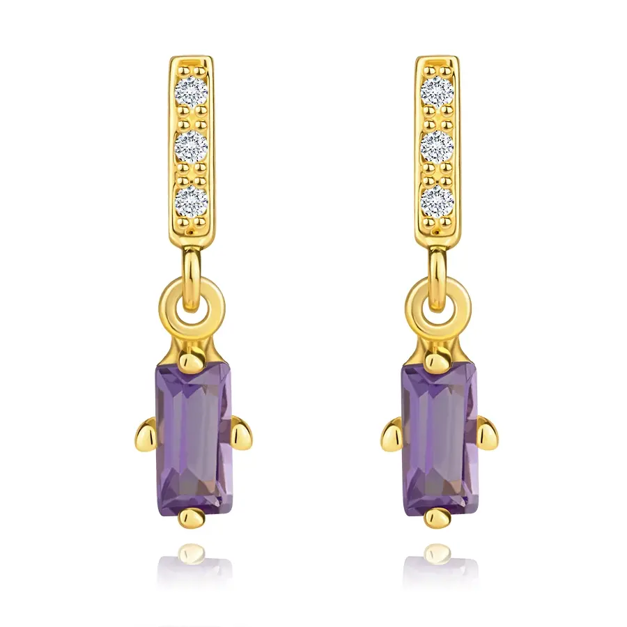 Náušnice zo žltého zlata 375 - pásik so zirkónmi, prírodný fialový ametyst