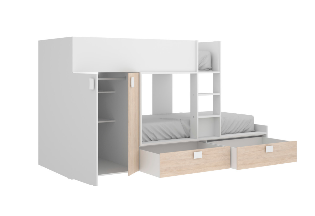 Expedo Detská poschodová posteľ s úložným priestorom MATT, 275x150x108, bílá/přírodní