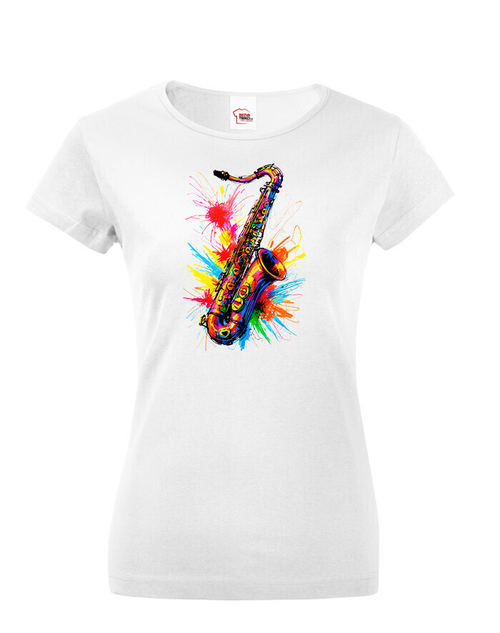 Dámské tričko - barevný saxofon - živý potisk na triko