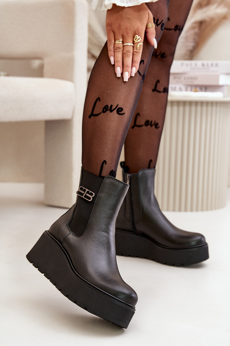 Čierne dámske členkové celokožené čižmy na platforme ZAZOO - 36