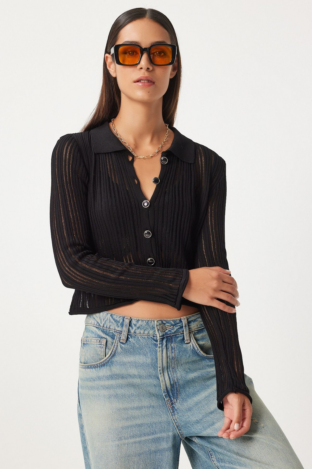 Happiness İstanbul Women's Black Lightly Transparent Polo Neck Summer Knitwear Cardigan