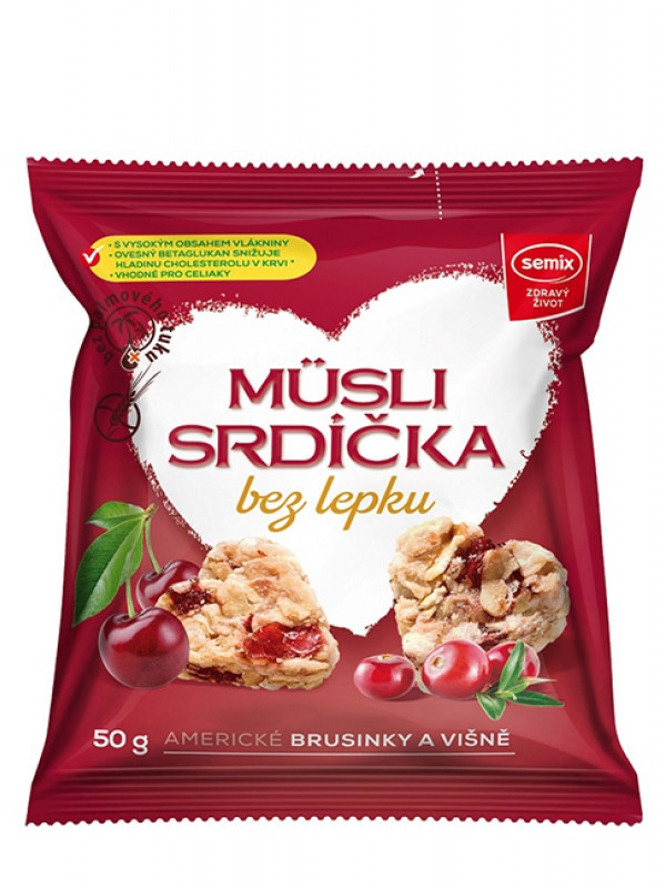 Müsli srdiečka bez lepku s brusnicami a višňami SEMIX 50 g