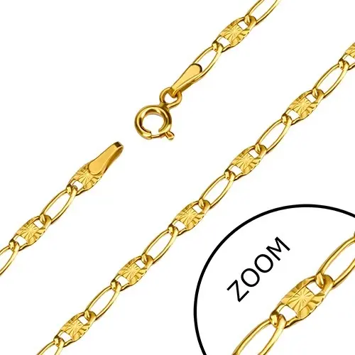 Náramok v žltom 14K zlate - dlhšie tenké očká, lúčovité zárezy, 190 mm