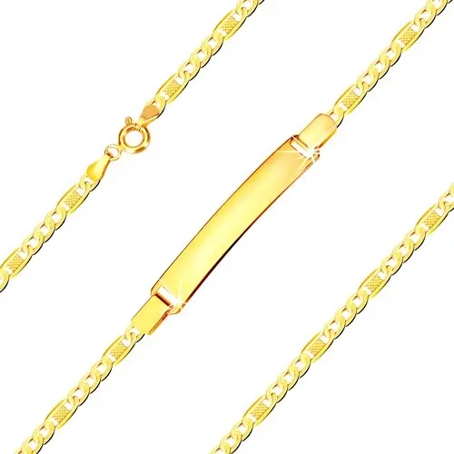 Zlatý 585 náramok s platničkou - oválne očká a článok s obdĺžnikom a mriežkou, 210 mm