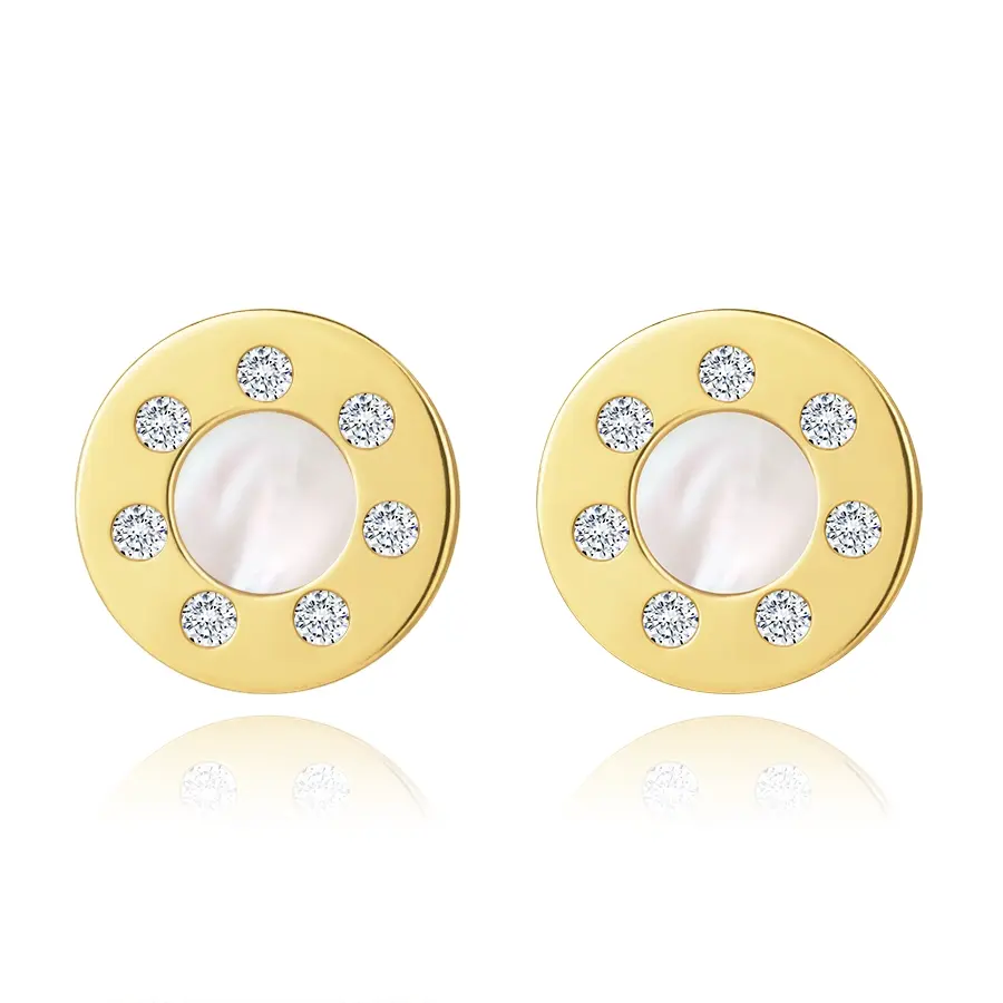 Puzetové náušnice v žltom 14K zlate - kruh, číre zirkóny, prírodná perleť