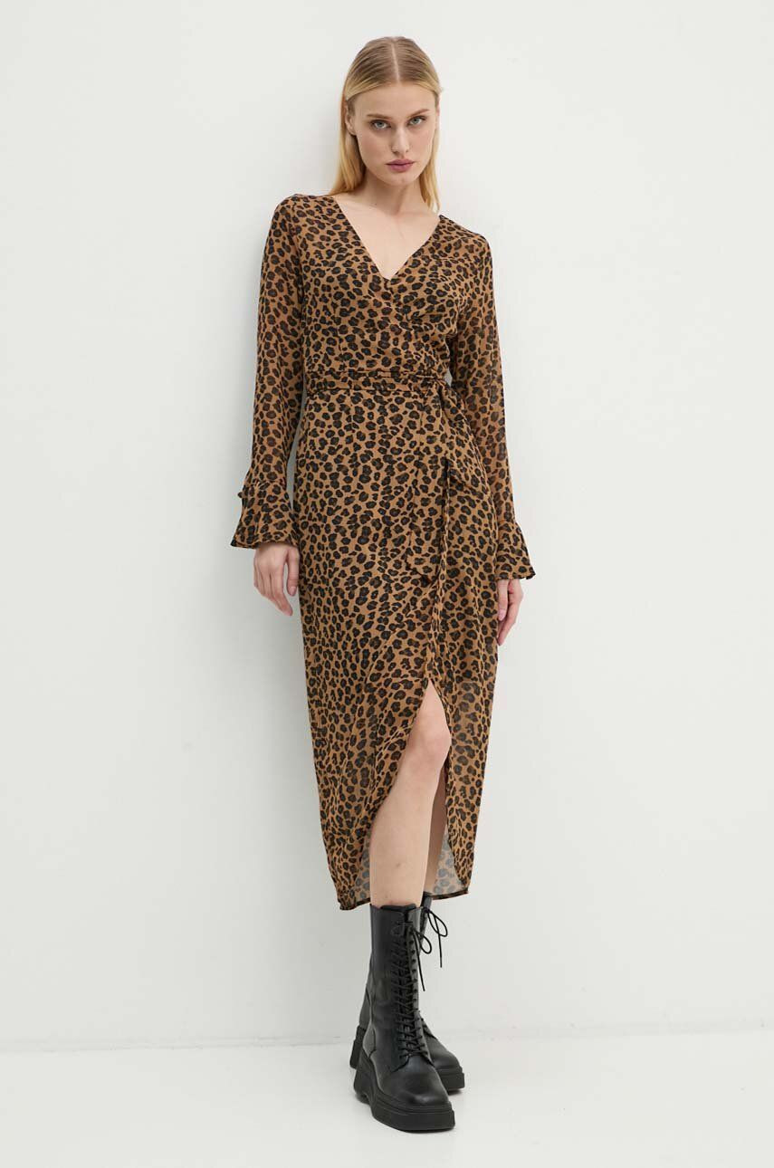 Šaty Never Fully Dressed Leopard Sheer Wrap Dress hnedá farba, midi, áčkový strih, NL28459