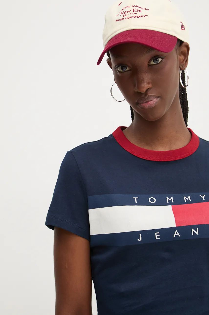 Bavlnené tričko Tommy Jeans dámske, tmavomodrá farba, DW0DW19044