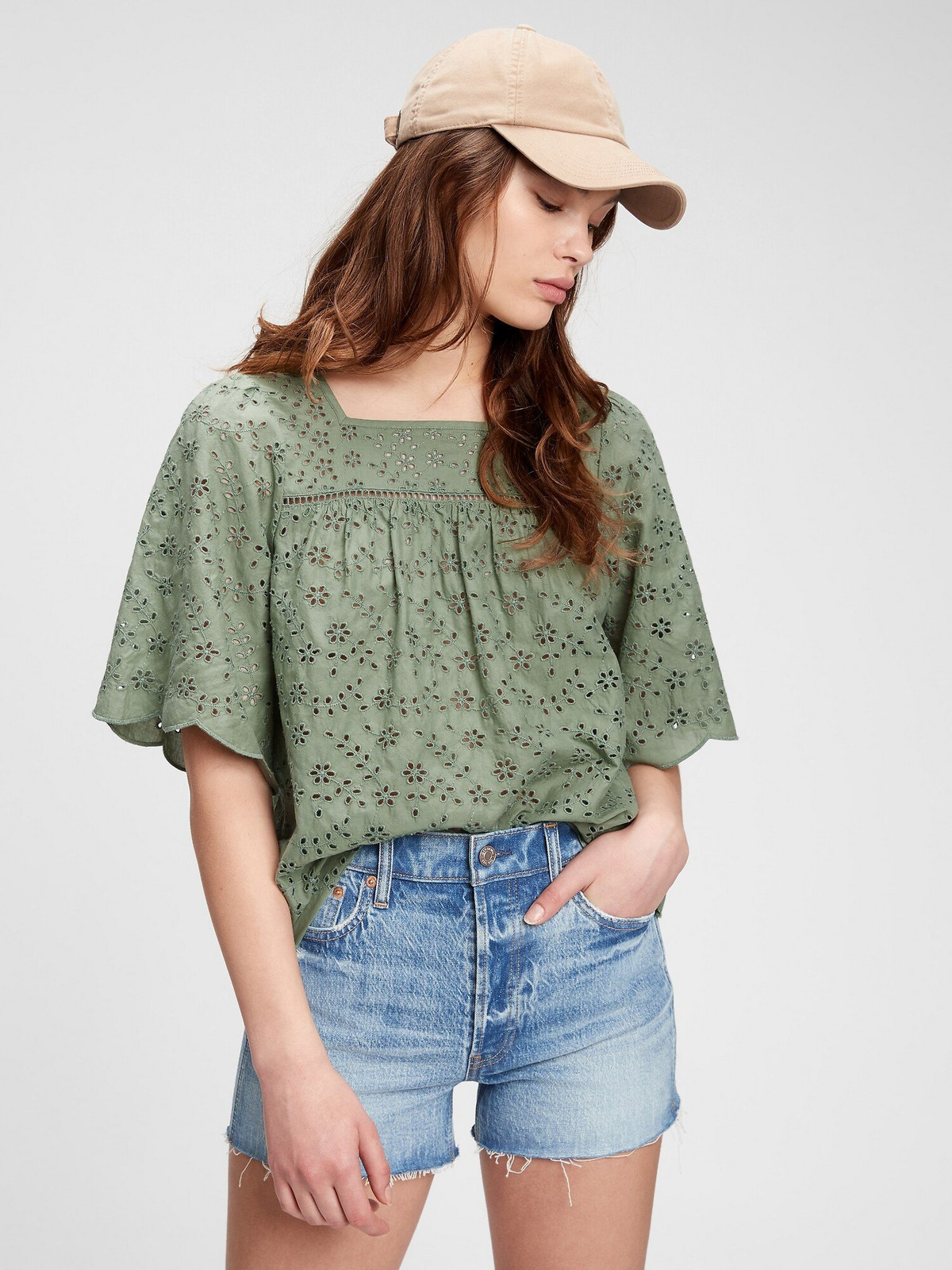 GAP Top squareneck eyelet Zelená