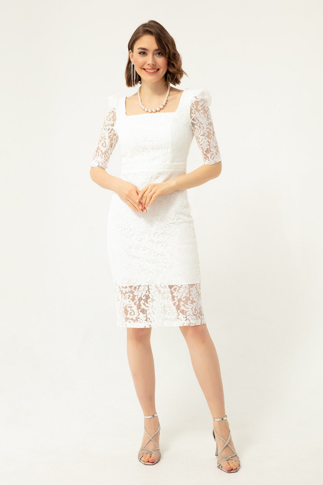 Lafaba Women's White Square Neck Lace Midi Evening Dress.