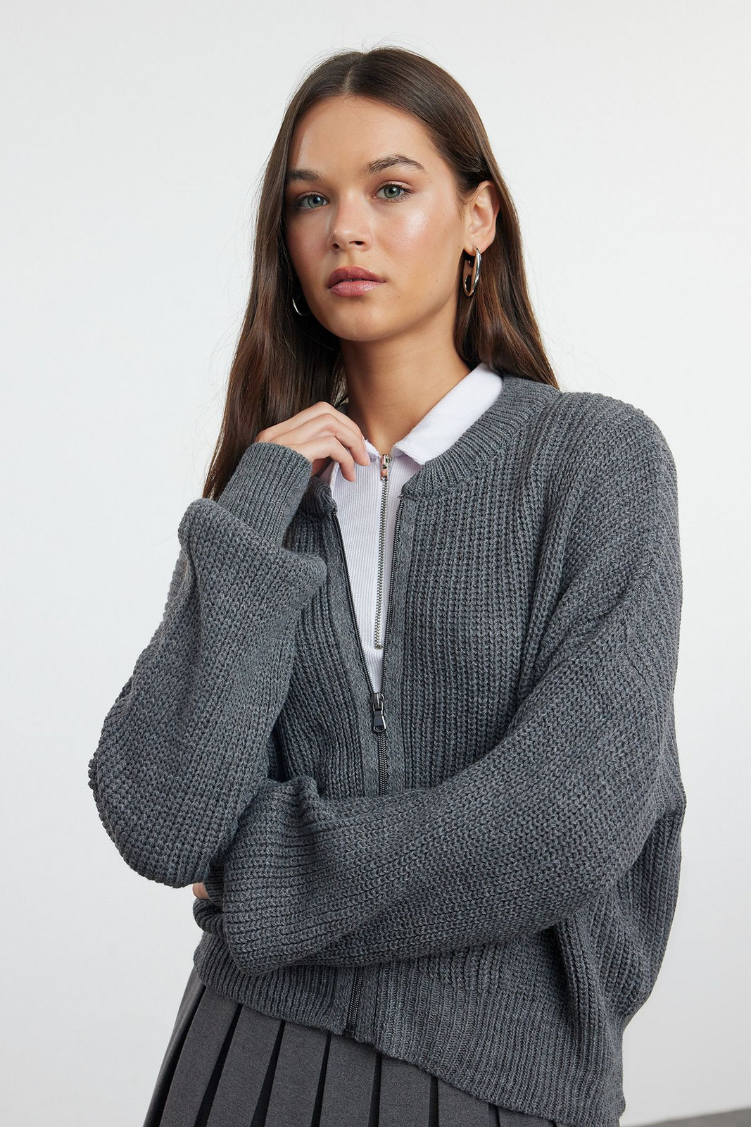 Trendyol Anthracite Bomber Collar Zippered Knitwear Cardigan