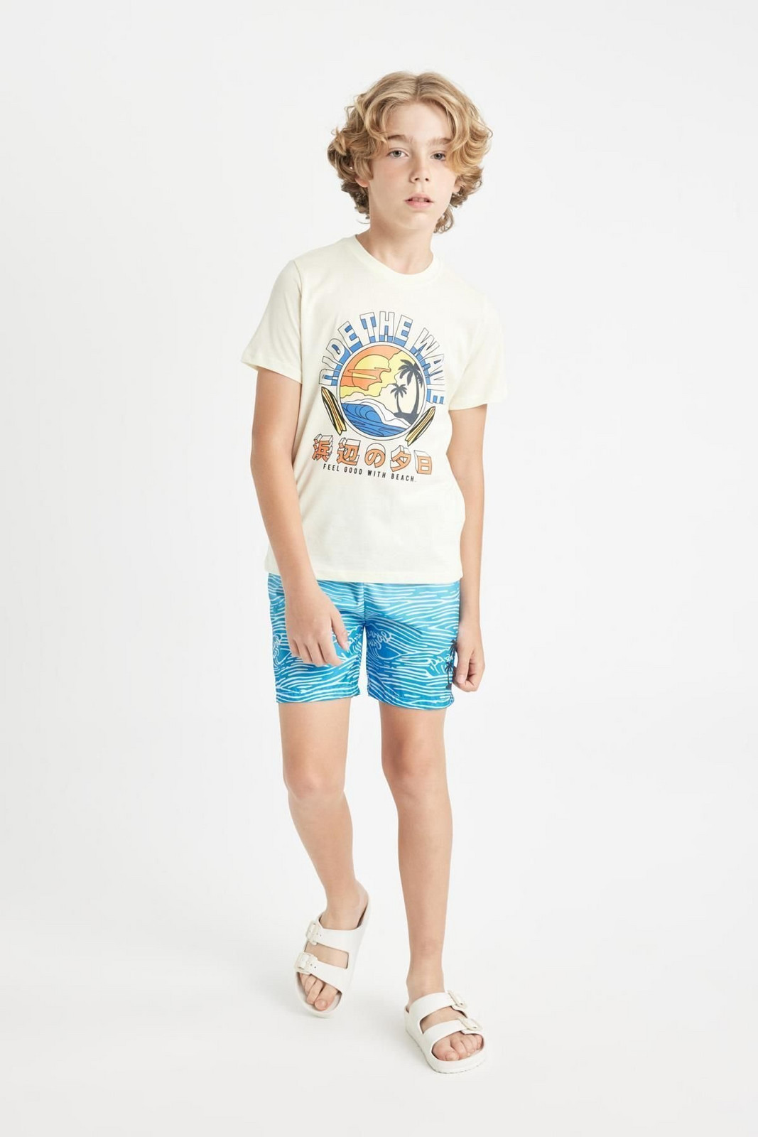 DEFACTO Boy's Printed Short Sleeve T-Shirt Swim Shorts Set of 2