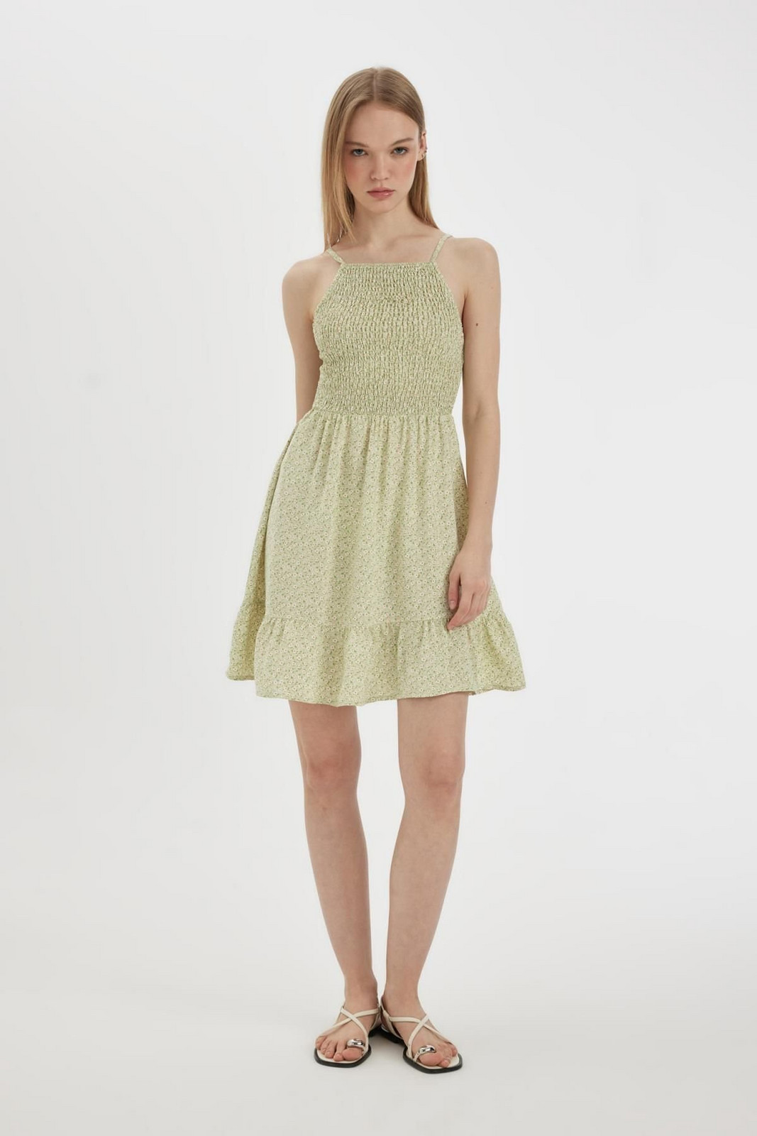 DEFACTO Cool Halter Collar Floral Leather Strap Mini Dress
