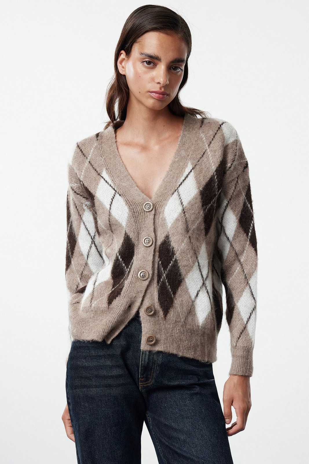 Trendyol Mink Soft Texture Plaid Patterned Knitwear Cardigan