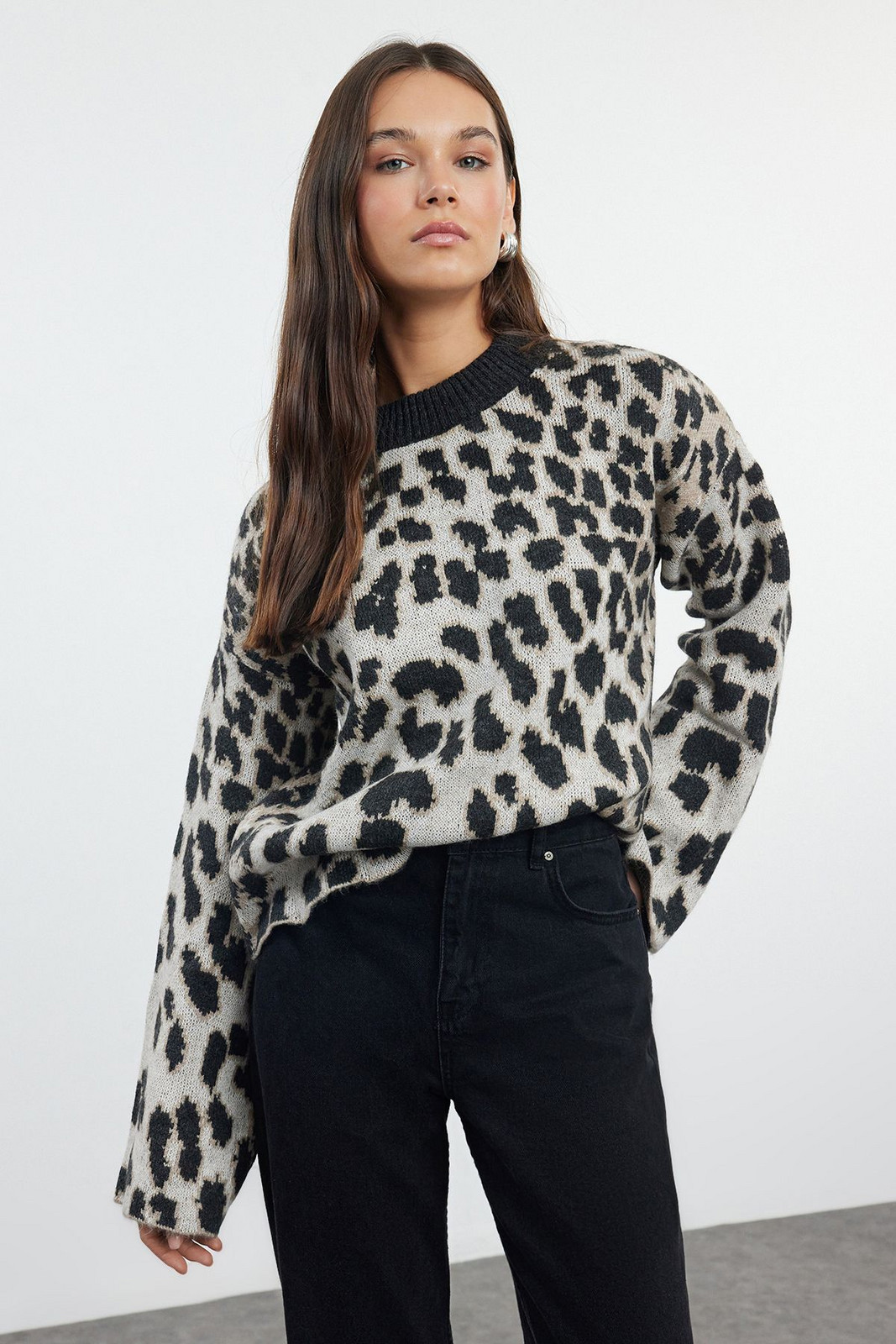 Trendyol Anthracite Animal Patterned Knitwear Sweater