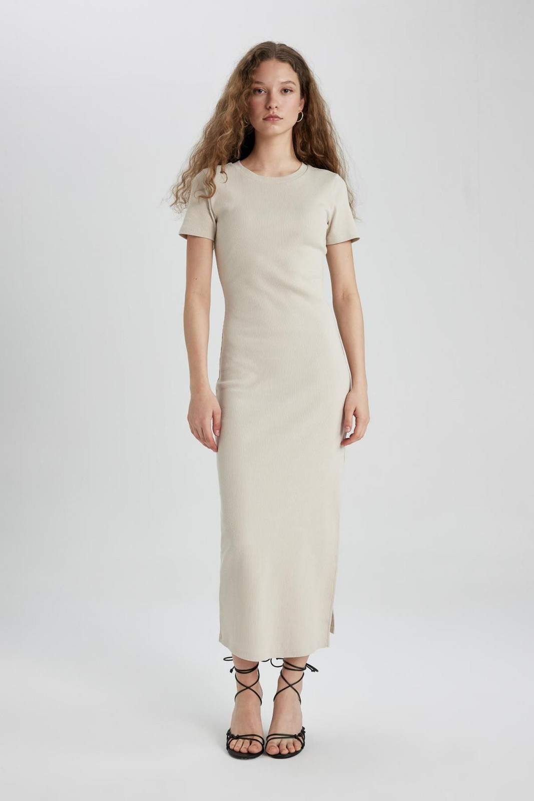 DEFACTO Bodycon Crew Neck Ribbed Camisole Short Sleeve Maxi Dress