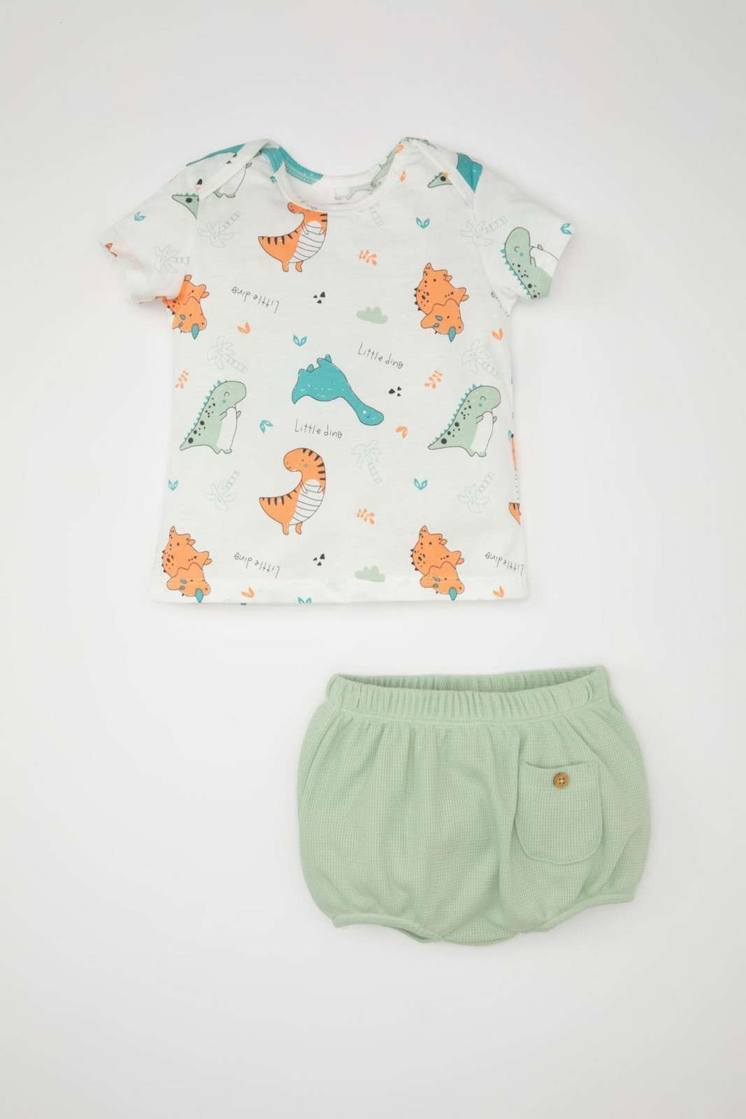 DEFACTO Baby Boy Dinosaur Printed Short Sleeve T-Shirt Shorts Waffle 2-Piece Set