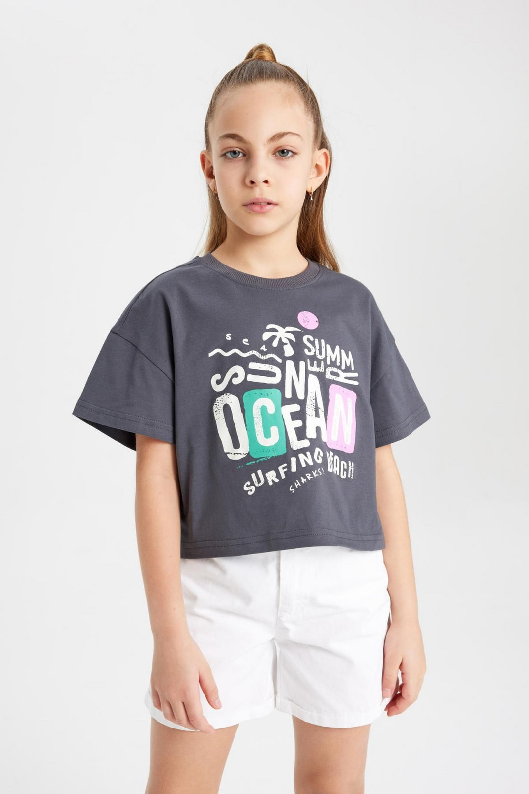DEFACTO Girl's Boxy Fit Printed Short Sleeve T-Shirt