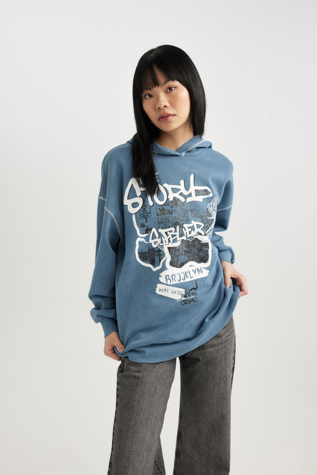 DEFACTO Coool Oversize Fit Printed Hooded Thick Washed Pale Effect Sweatshirt