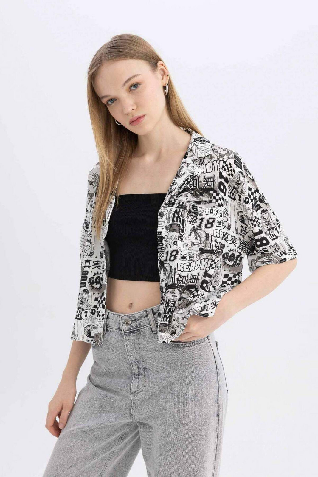 DEFACTO Cool Regular Fit Pajama Collar Patterned Short Sleeve Shirt