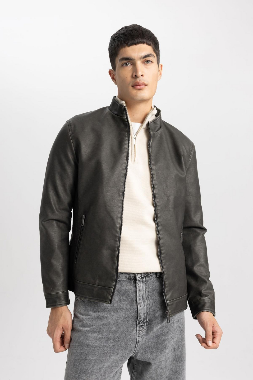 DEFACTO Slim Fit Stand Collar Jacket Faux Leather Coat