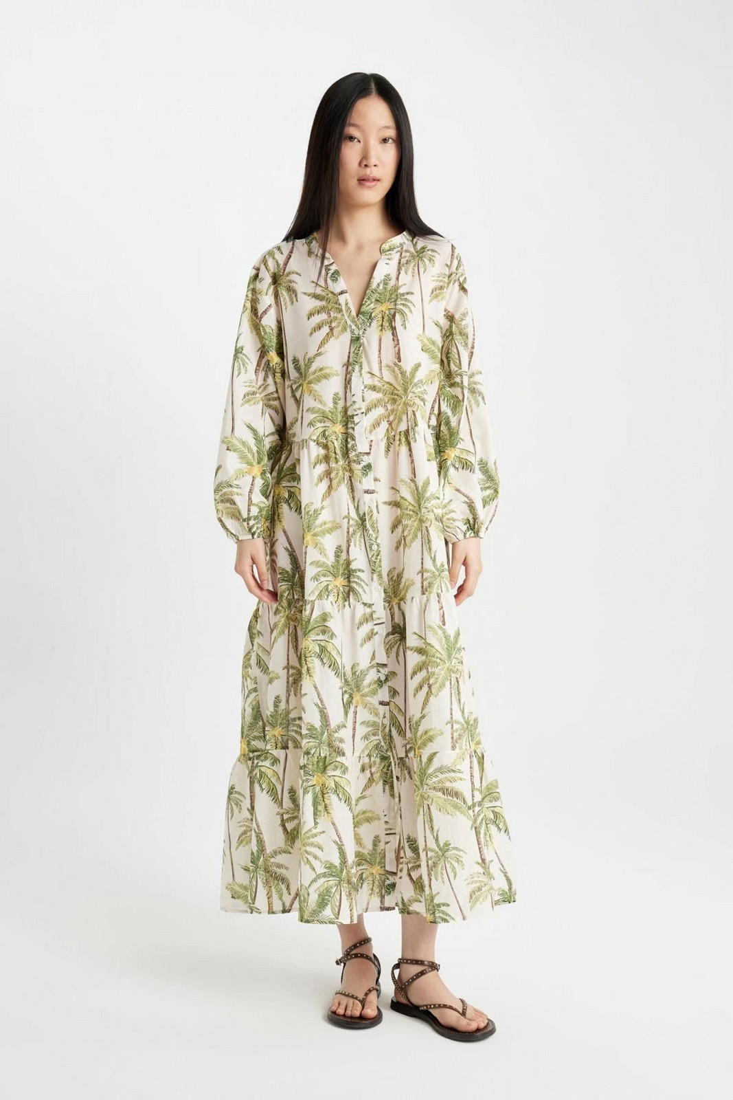 DEFACTO Fall in Love Patterned Long Sleeve Maxi Beach Dress