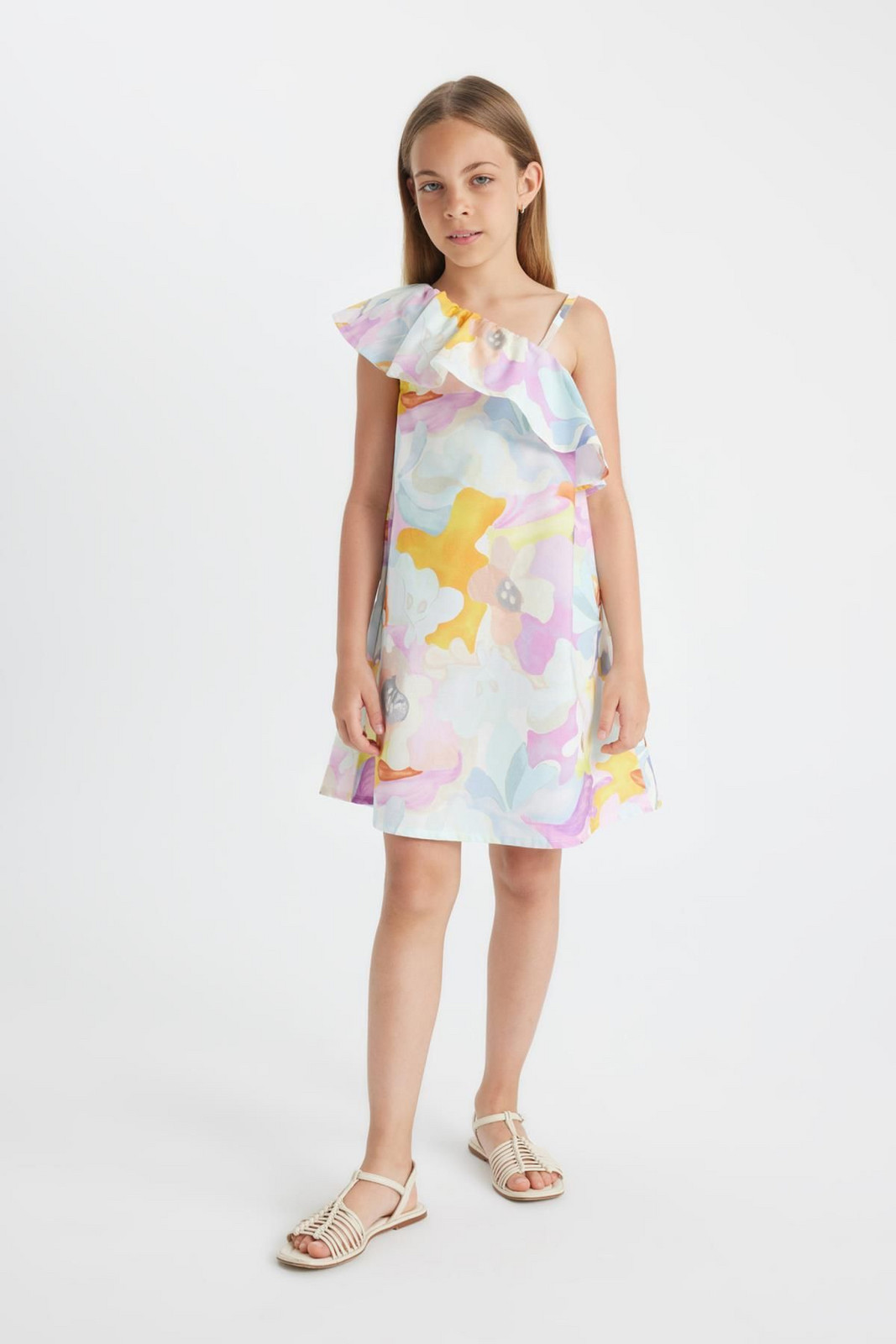 DEFACTO Girl's One Shoulder Patterned Poplin Dress