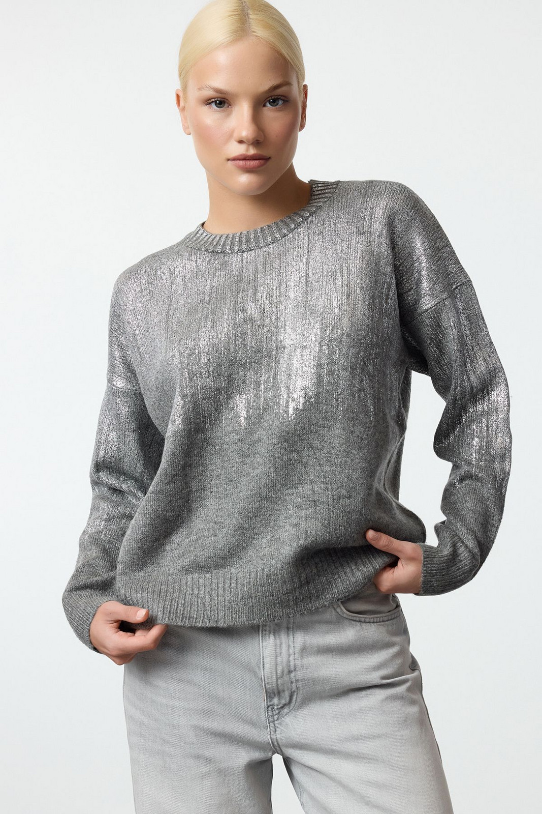 Trendyol Anthracite Crew Neck Basic Knitwear Sweater
