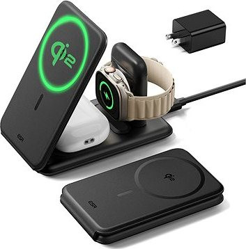 ESR Qi2 3-in-1 Travel Wireless Charging Set (HaloLock), EU Plug, Black