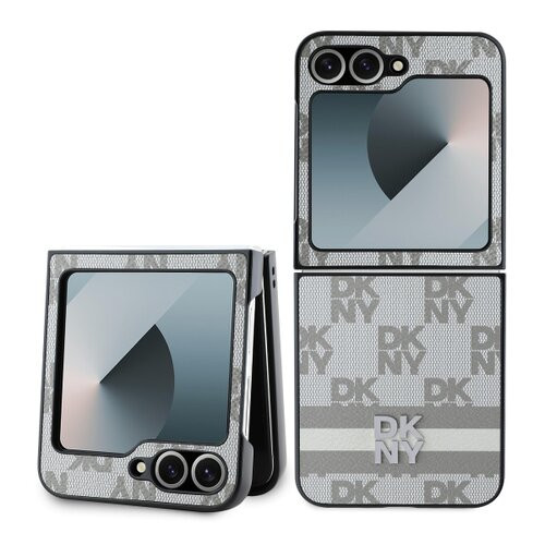 DKNY PU Leather Checkered Pattern and Stripe Zadní Kryt pro Samsung Galaxy Z Flip 6 Beige