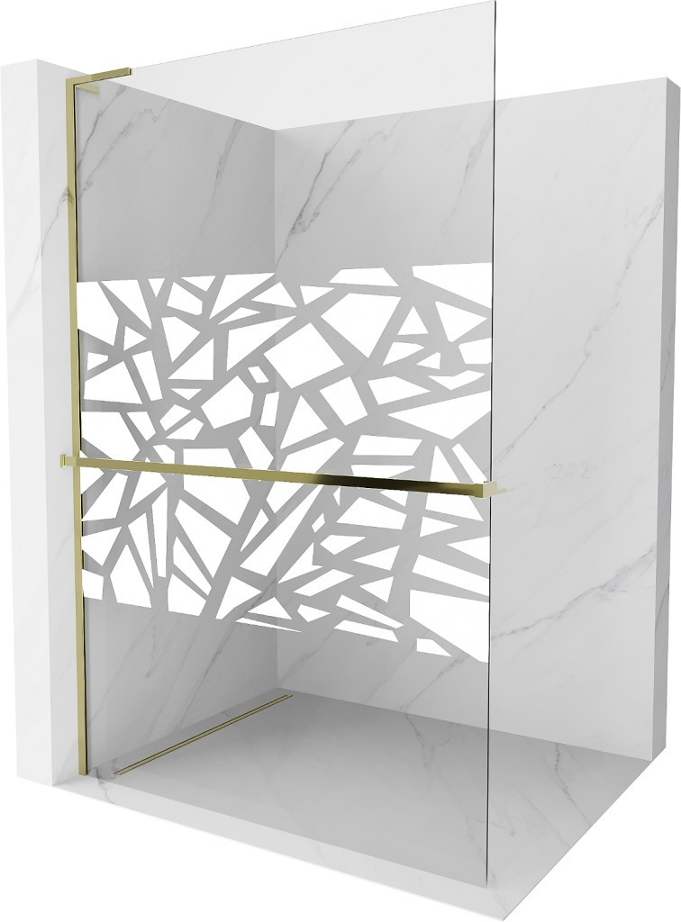 MEXEN/S - Kioto+ L Sprchová zástena WALK-IN s poličkou a držiakom uterákov 90 x 200 cm, biely vzor, zlatá 800-090-123-50-85