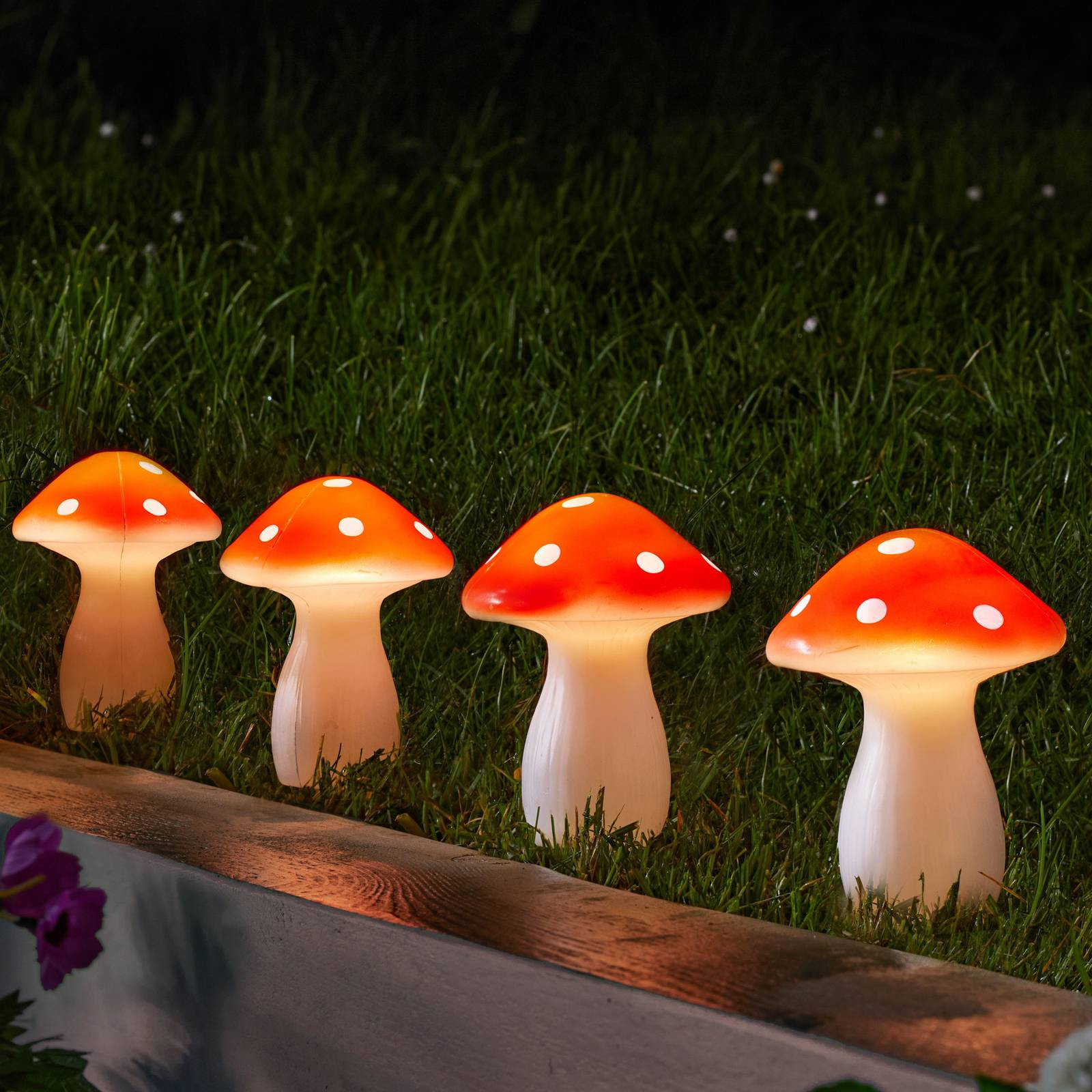 LED solárny zemný hrot Fairy Mushroom, sada 4 ks, červená/biela