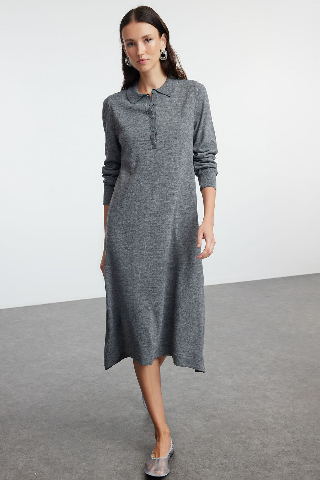 Trendyol Anthracite Maxi Knit Polo Neck Dress