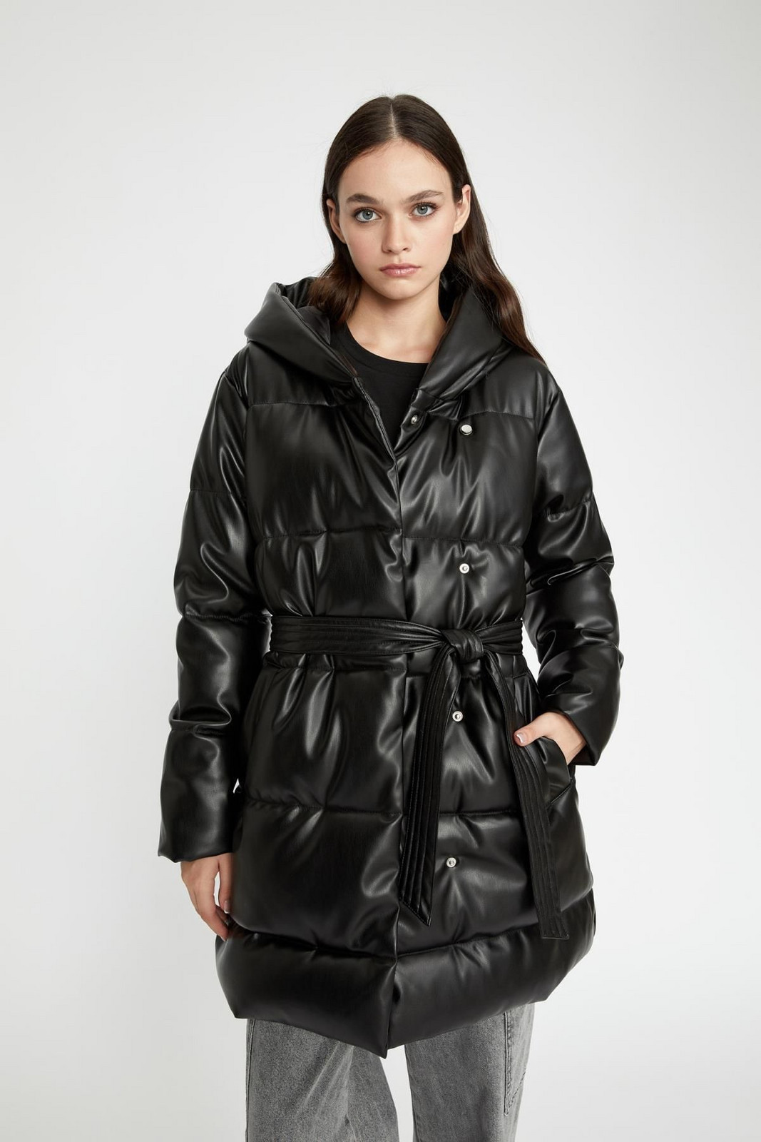 DEFACTO Waterproof Hooded Puffer Inflatable Faux Leather Coat Parka