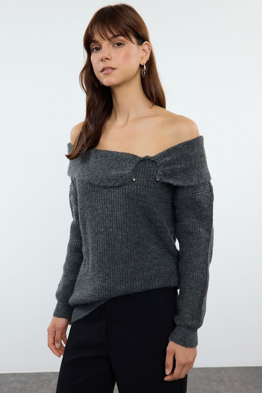 Trendyol Anthracite Carmen Collar Knitwear Sweater