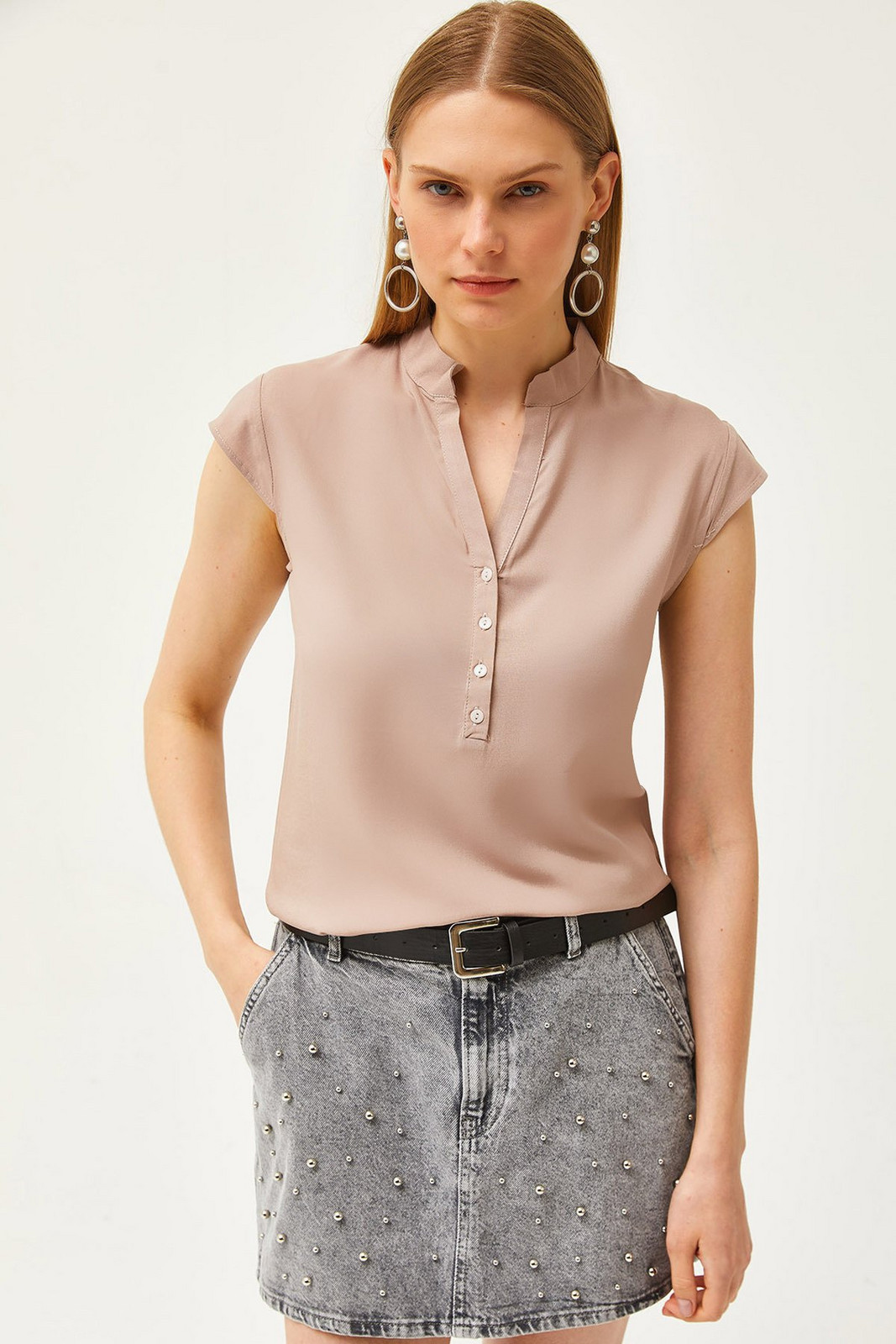 Olalook Women's Mink V-Neck 4-Button Viscose Blouse
