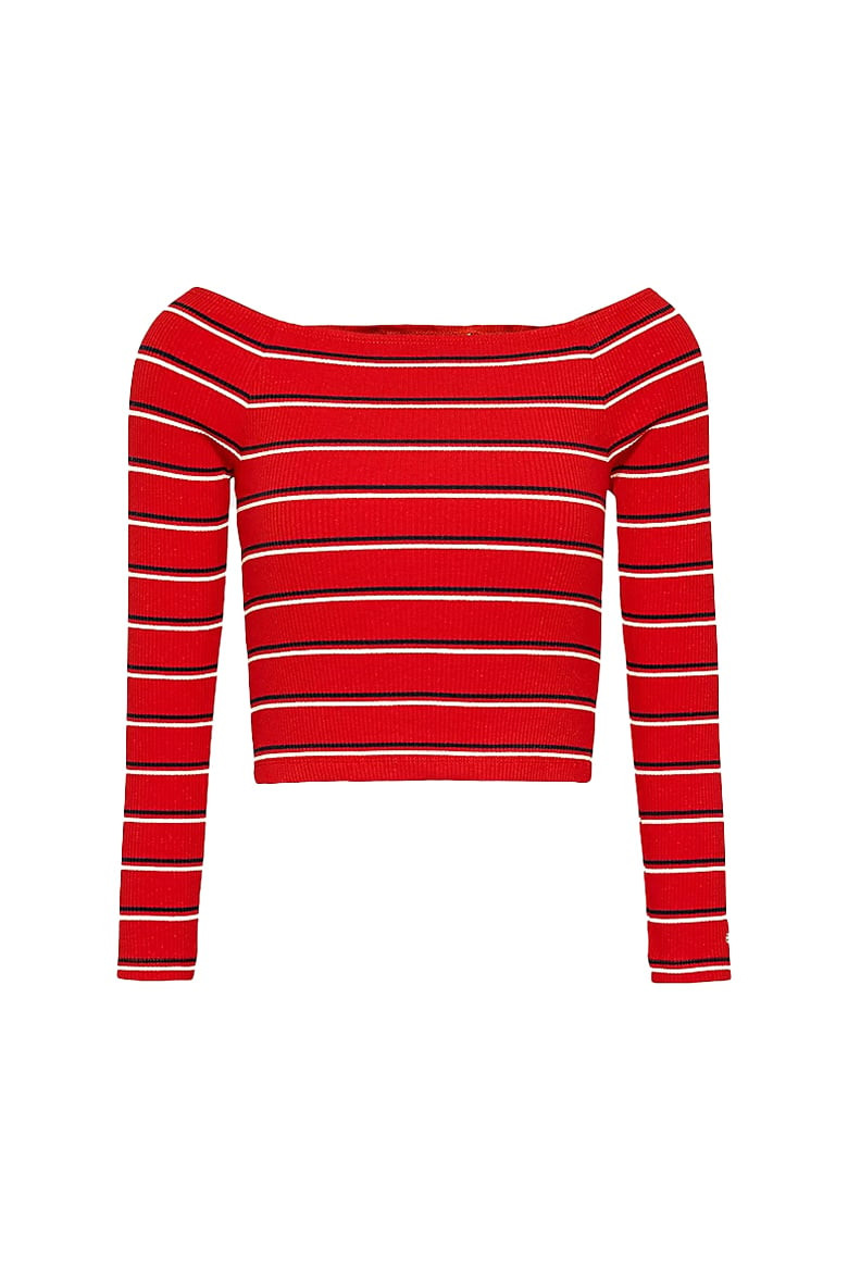 Tommy Jeans Top - TJW SKINNY OFF SHOULDER STRIPE červený