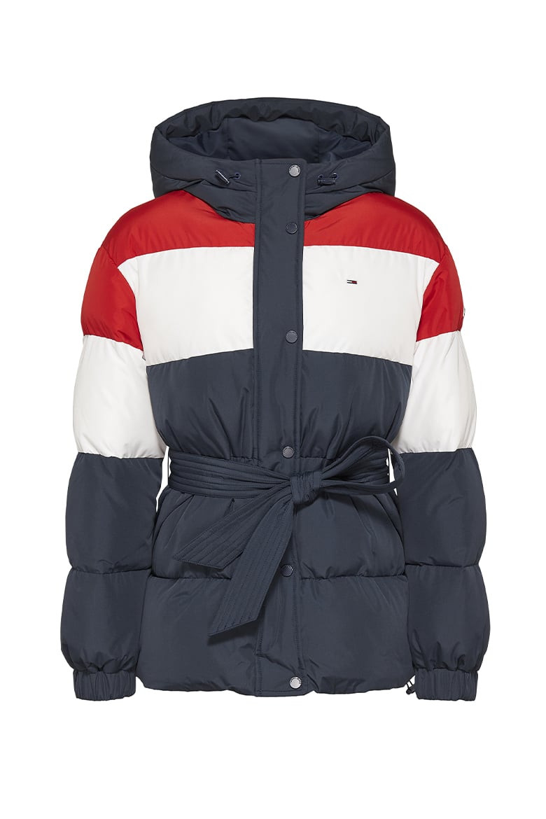 Tommy Jeans Bunda - TJW BELTED COLORBLOCK PUFFER modrá