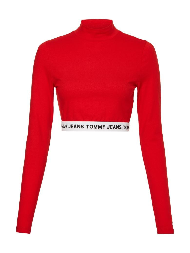 Tommy Jeans Top - TJW CROP LOGO WAISTBAND LS červený