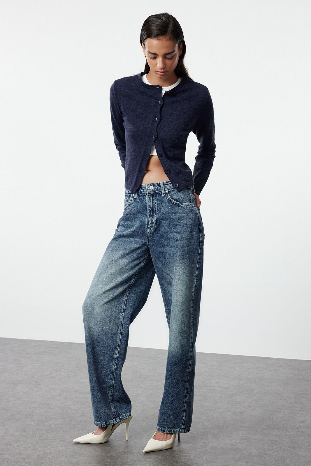 Trendyol Blue High Waist Rail Barrel Jeans