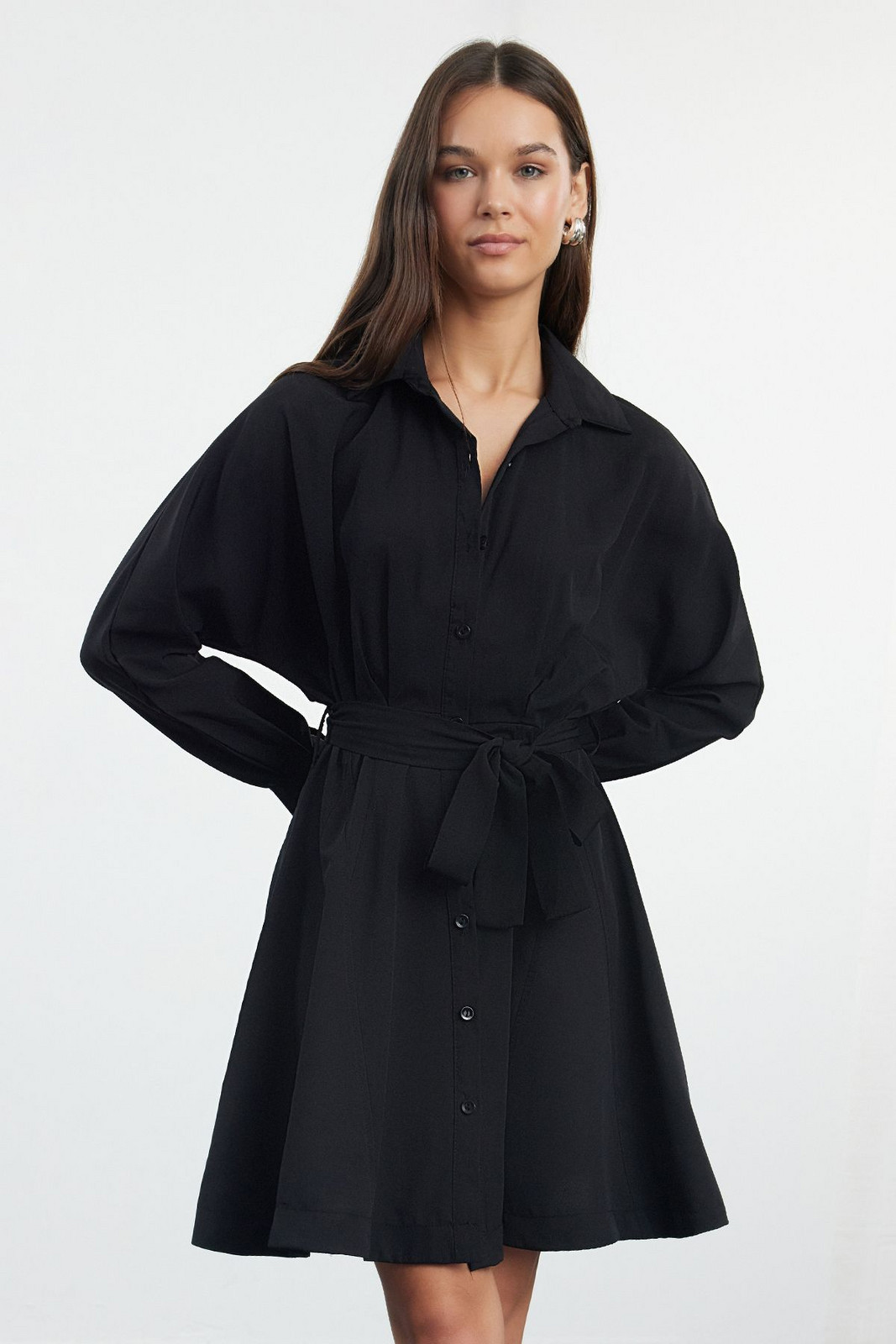 Trendyol Black Belted Mini Woven Shirt Dress