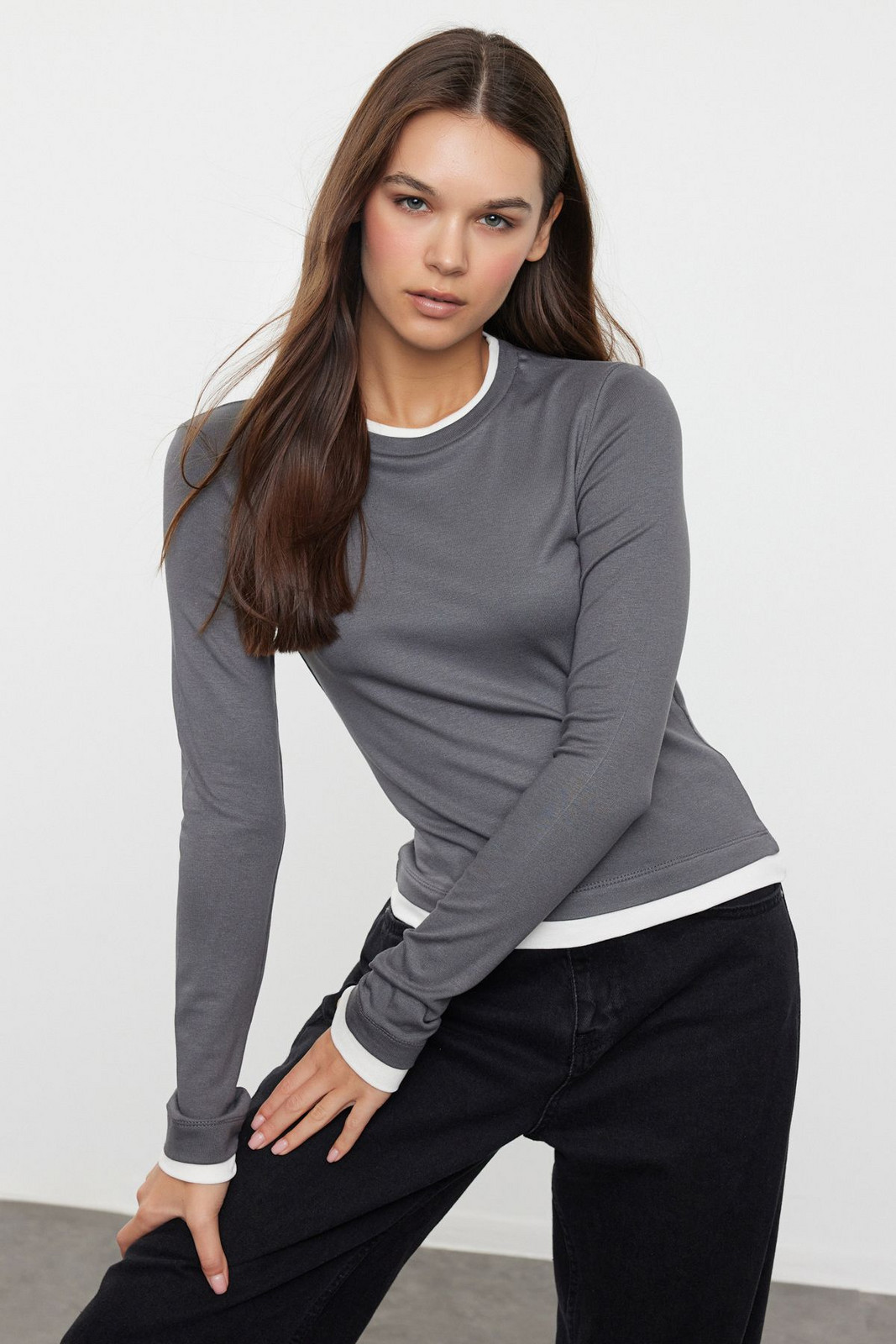 Trendyol Anthracite Color Block Fitted Viscose/Soft Fabric Stretchy Knitted Blouse