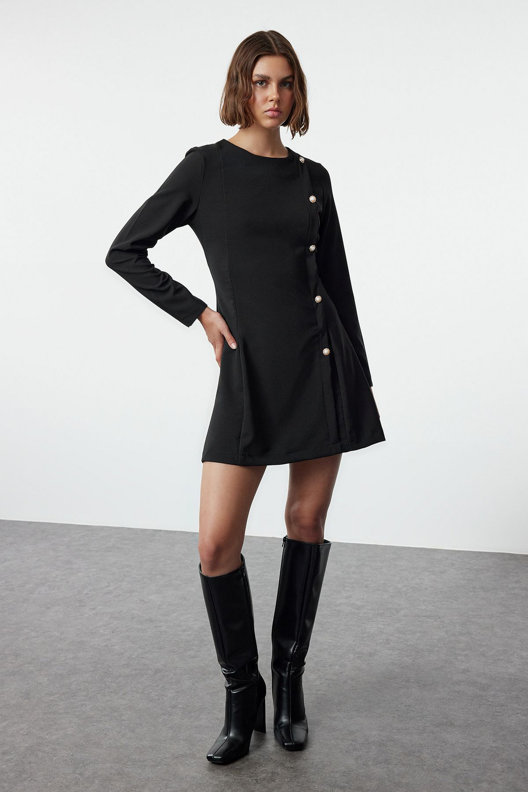 Trendyol Black Fitted/Body-Smooth Button Detailed Crew Neck Mini Woven Dress